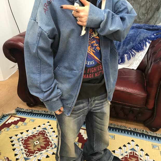 빈티지 여성 백프린팅 피그먼트 후드집업 