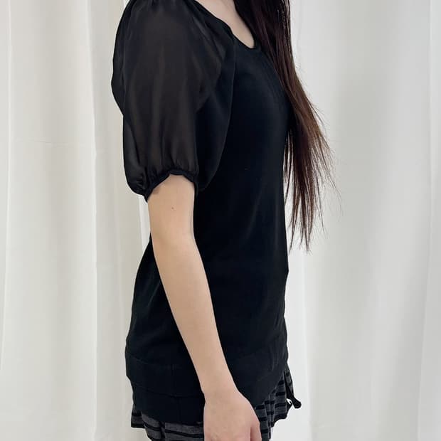 Provador시스루 퍼프 소매 백 리본 니트 탑