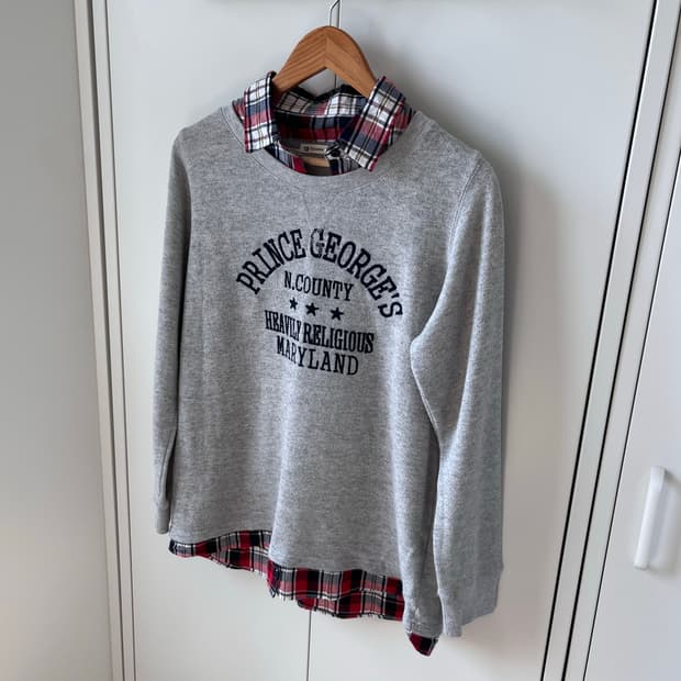 Sugaroa 체크 셔츠 레이어드 맨투맨 티셔츠