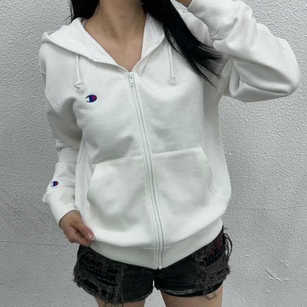 챔피언 로고 화이트 후드집업 M