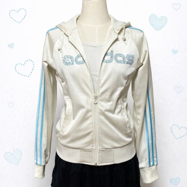 희귀) 아디다스 y2k 크림 유광 트랙 후드집업 삼선 져지 여성핏