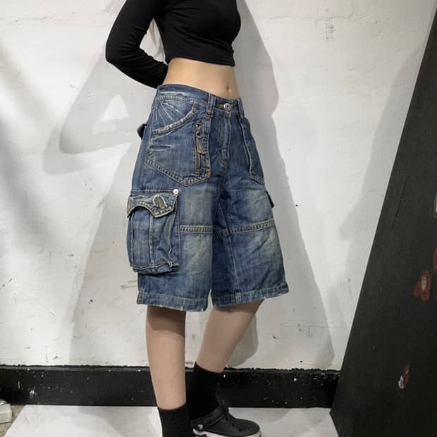 90s 빈티지 중청 포켓 디테일 데님 청 카고 버뮤다 와이드 반바지 