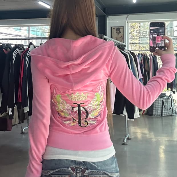쥬시꾸뛰르 크라운 윙 큐빅 벨루어 후드집업 핑크