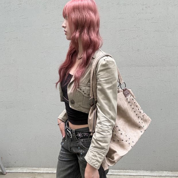 JPN 스터드 베이지 코튼 크롭자켓