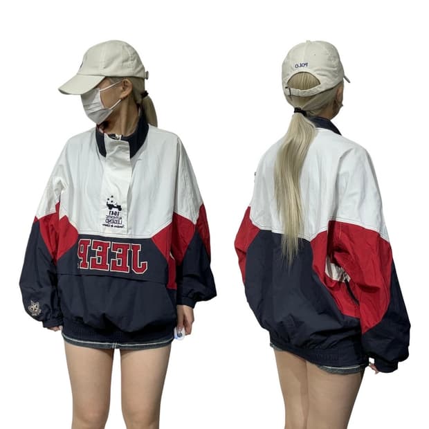 지프 화이트 네이비 올드스쿨 바람막이 트랙 아노락 F