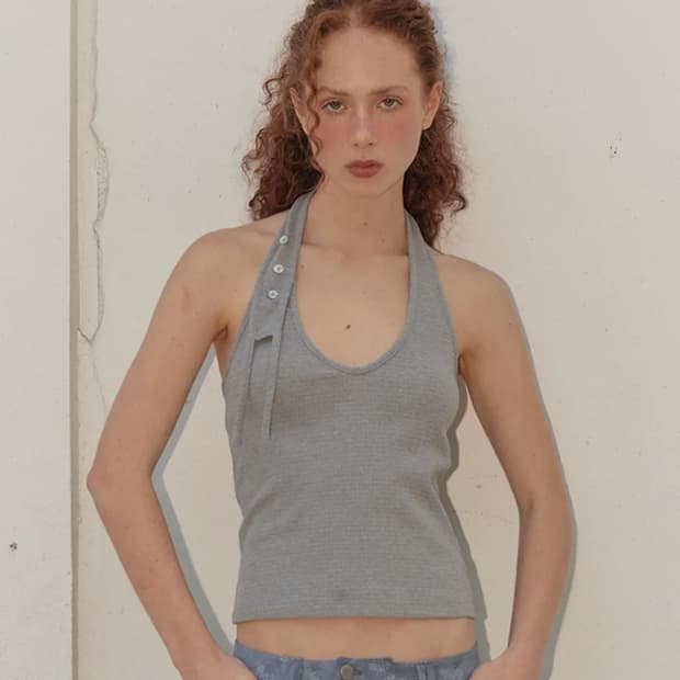 오데스 쉘 버튼 홀터 슬리브리스 - 그레이