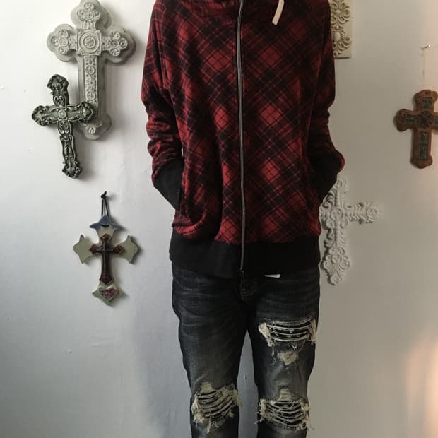 Check pattern high neck zip up