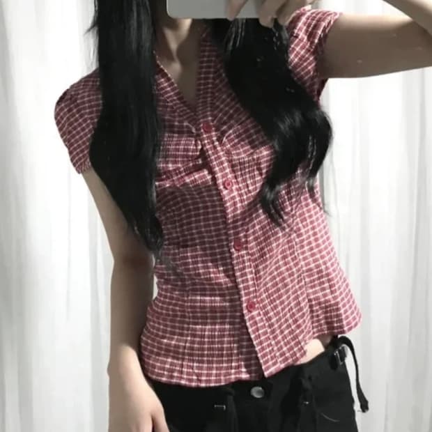 레드 화이트 체크 반팔 셔츠