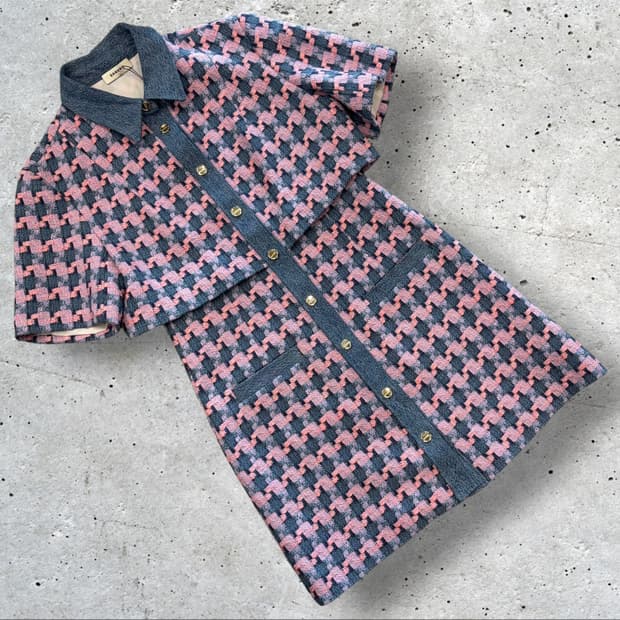 [38] 산드로 SANDRO 깅엄체크 반팔 트위드 원피스 D799