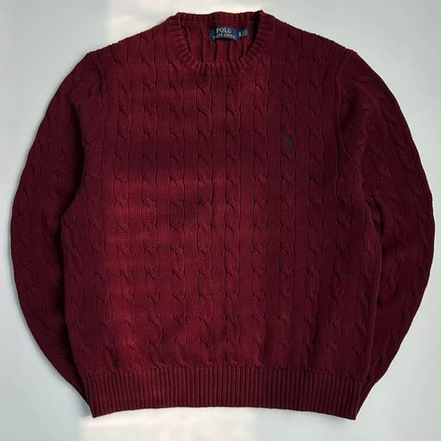 [XL] 폴로 랄프로렌 버건디 케이블 코튼 크루넥 니트 스웨터