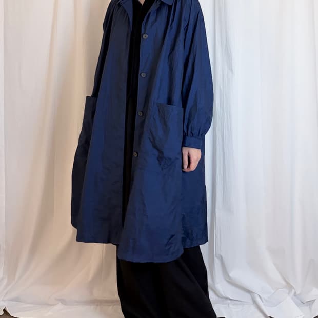 Nylon Oversized Balmacaan Coat - Blue