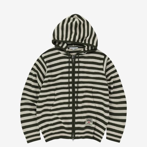 슬로우애시드 스트라이프 니트 후드집업 카키 유우시 후드집업
