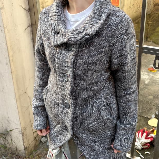 일본 빈티지 모리걸 하이넥 그레이 니트 롱가디건
