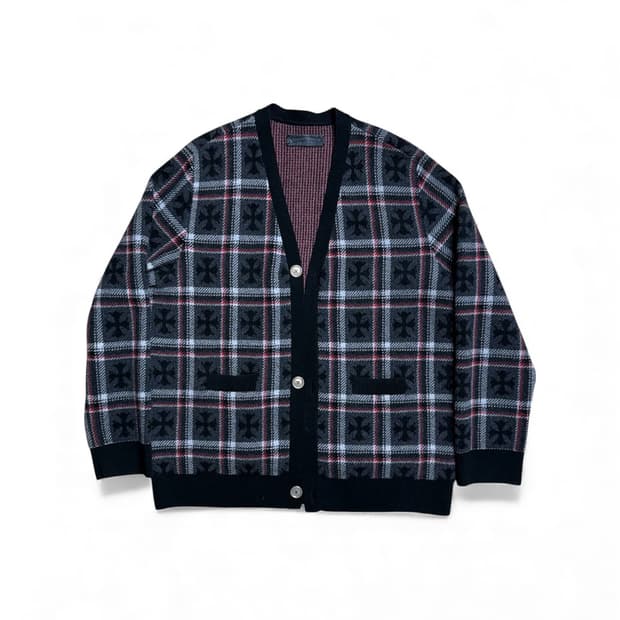 [XXL] 크롬하츠 CH 캐시미어 블랙&레드 크로스 플레이드 가디건