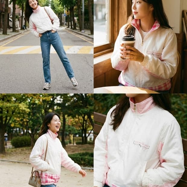 [꾸레쥬] 딸기우유 핑크 타탄체크 믹스 빈티지 자켓 64(M)