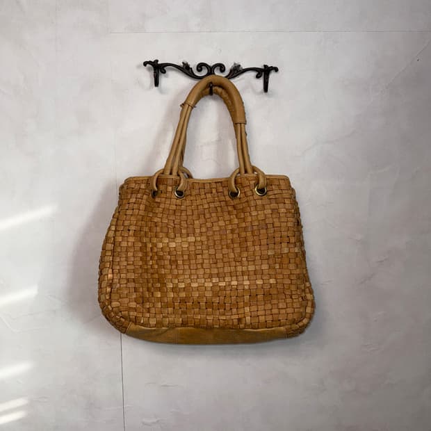Beige brown woven leather tote bag