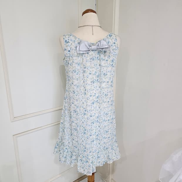 고전레스트로즈 일본빈티지)빅리본 스즈코모리걸 플로럴 블루민트로즈 원피스버