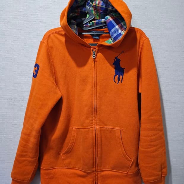 폴로 POLO 빅포니 주황 체크 후드집업 90/S