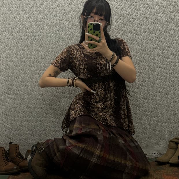 빈티지 레트로 란제리코어 초코브라우니 레이스 조임 반팔티 K0065