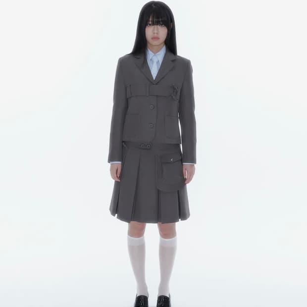 Ribbon Preppy Pleated Skirt Charcoal