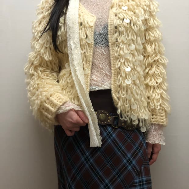 빈티지 아이보리 스팽글 퍼 자켓