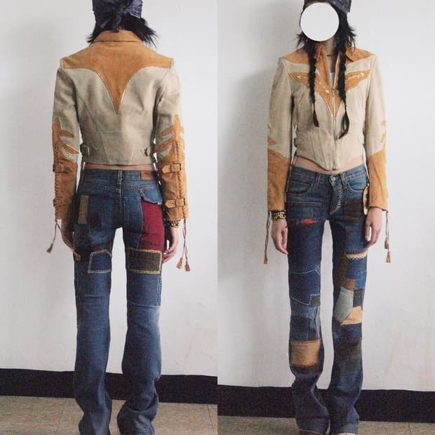 rare* 90s 로베르토 카발리 웨스턴 레더 패치워크 크롭 자켓