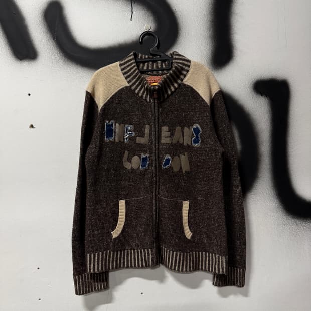 VTG 빈티지 멀티 패치 디테일 그런지 램스울 집업 니트 브라운