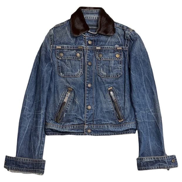 DSQUARED2 포니헤어 카라 크롭 클래식 데님자켓 38