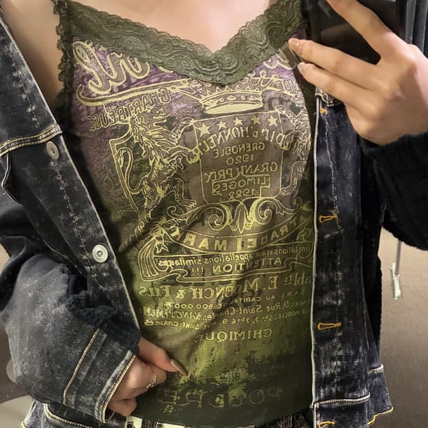 2)Japanese vintage 여성 y2k 레이스 카키색 슬리브리스