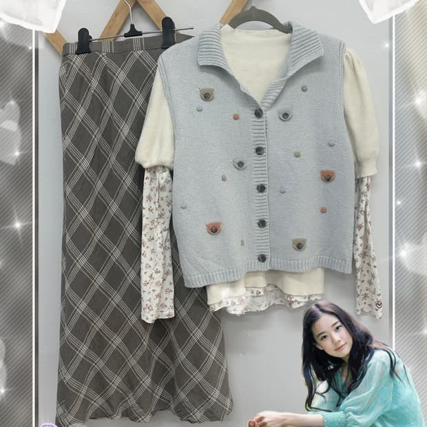 🫧하구미의 레이어드 코디세트🫧 그런지 조끼 니트 사선체크 스커트
