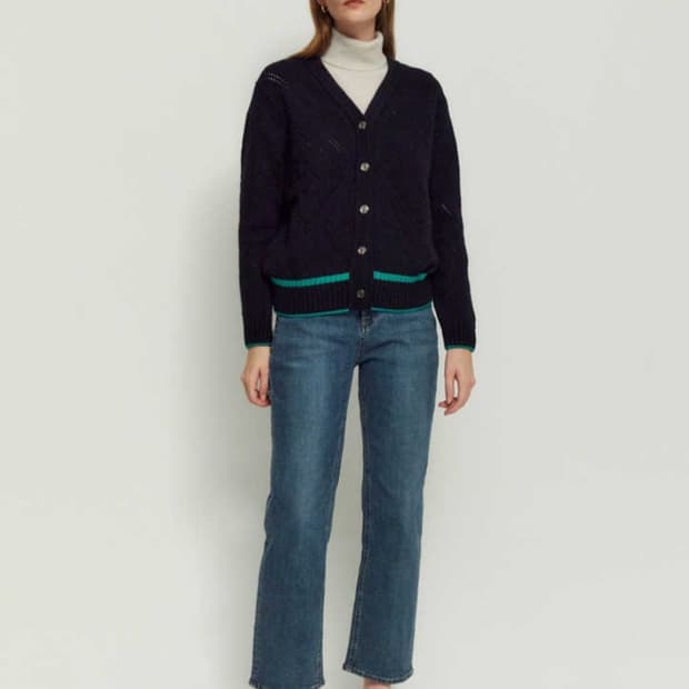 헤지스 라인배색 캐시미어혼방 울니트 가디건 66사이즈