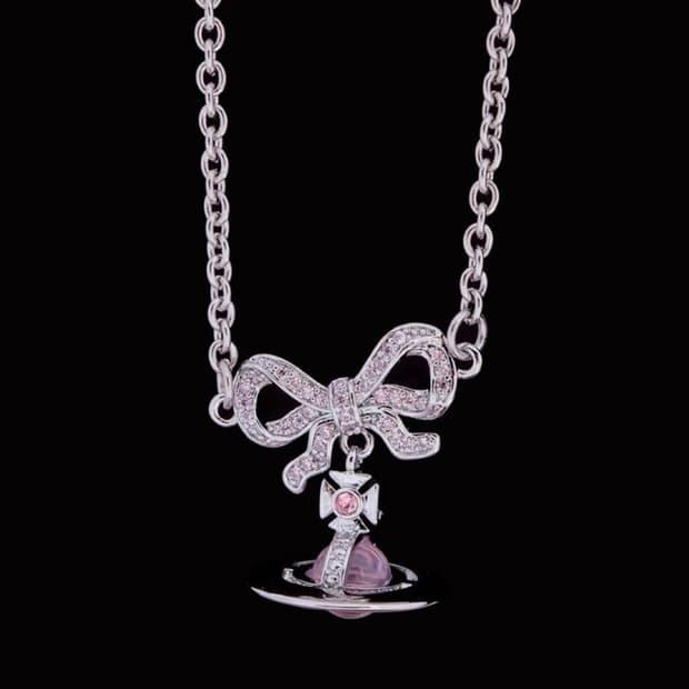 비비안웨스트우드 핑크 크리스탈 리본 3d orb 팬던트 목걸이(새상품)
