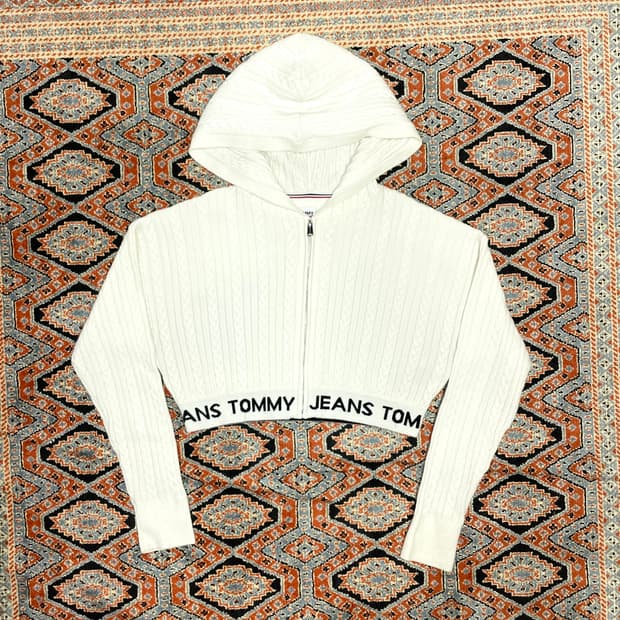 타미진스 화이트 꽈배기 크롭 후드집업 니트 여성S