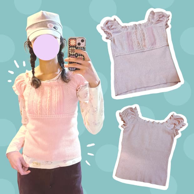 대장 빈티지 연핑크 반소매 퍼프 소매 니트