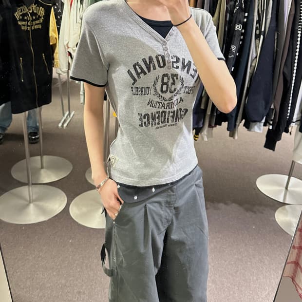 XL)Japanese vintage 여성 그레이 헨리넥 레이어드 반팔