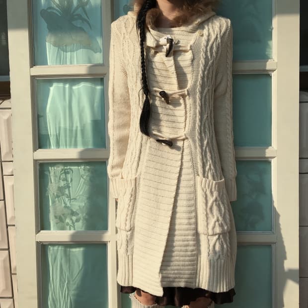 Fur hood duffle button knit cardigan