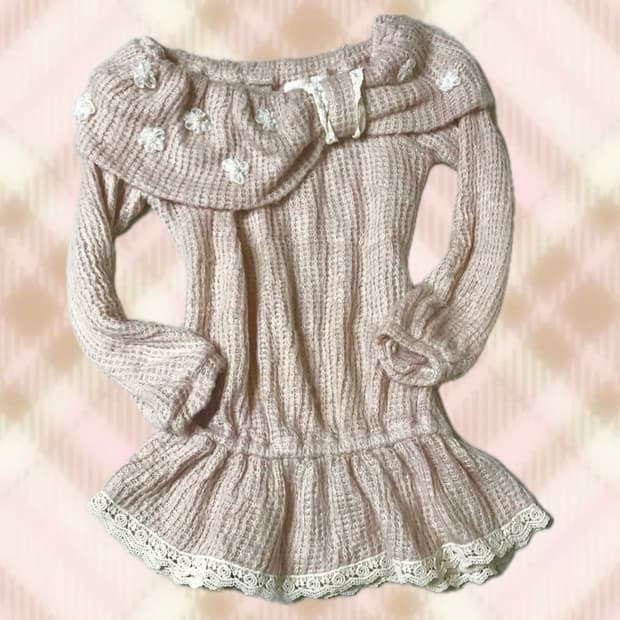 리즈리사 리본 레이스 오프숄더 니트 원피스 라떼 히메 갸루 러블리 빈티지