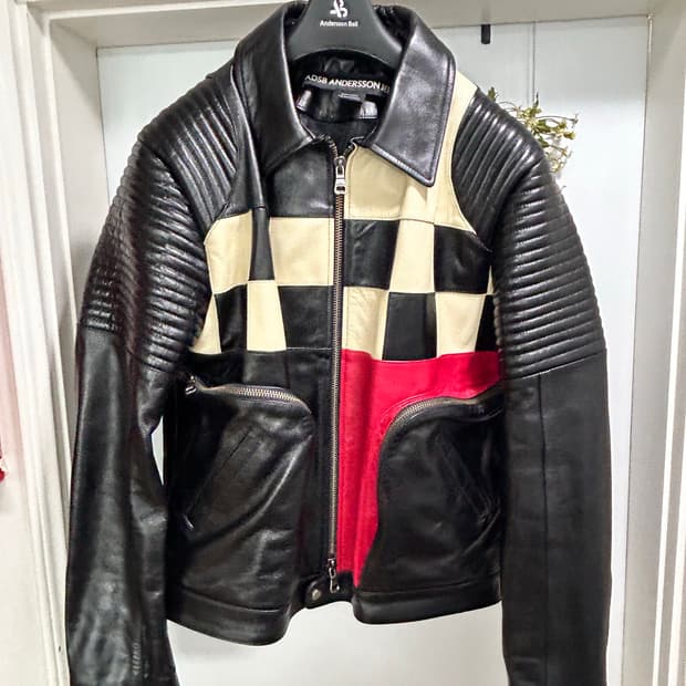 (XL)앤더슨벨 24FW 체커보드 가죽 바이커 자켓