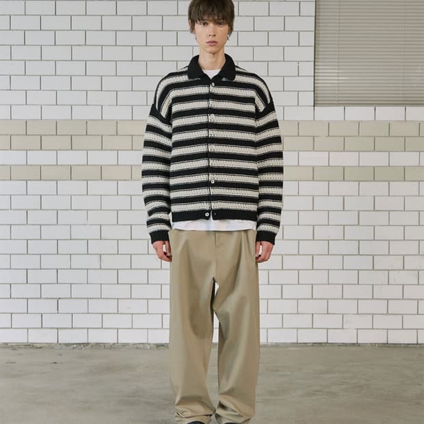 Stu 울 카라 스트라이프 가디건 블랙 m