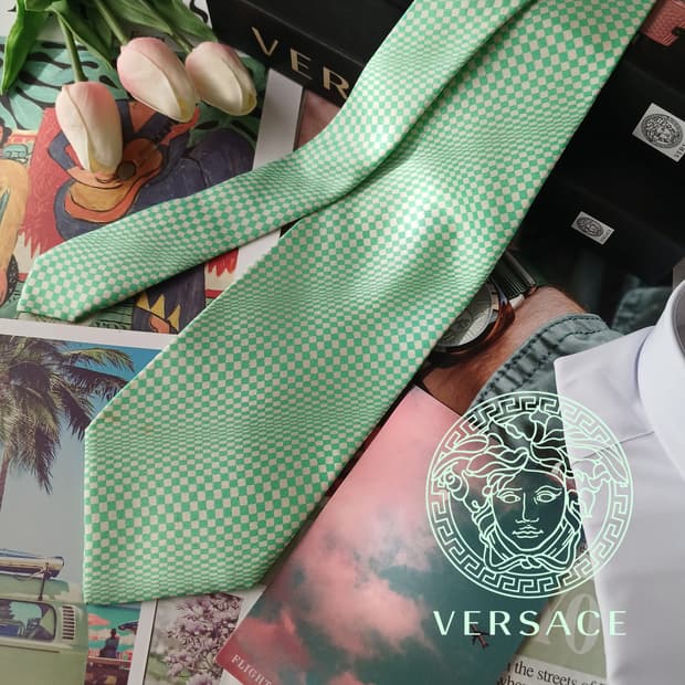 지아니 베르사체 실크 민트 체크 넥타이 10.2cm B등급 A18802
