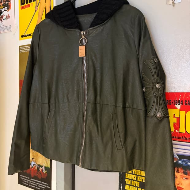 스웨터 후드 카키 레더자켓