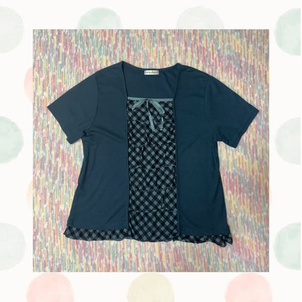 청록 체크 레이어드 블라우스