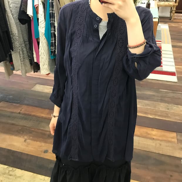 빈티지 여성 네이비 디테일 7부 블라우스 (Z1253)