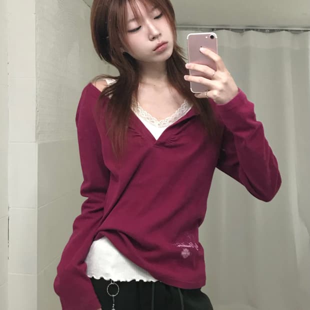(상의 세트) 할리데이비슨 셔링 브이넥 롱슬리브 + 레이스 나시