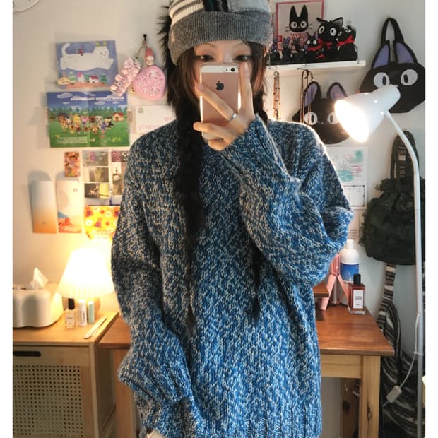 VINTAGE MELANGE TEXTURE OVER KNIT BLUE