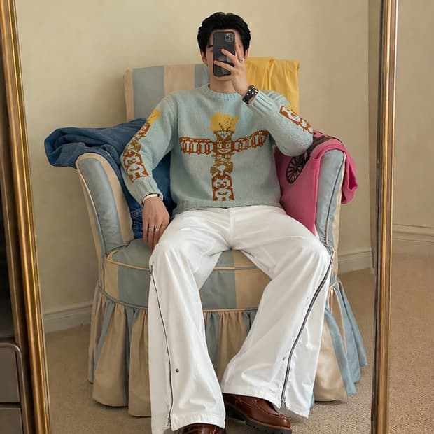 OLDPARK ZIP BAGGY JEANS, WHITE L