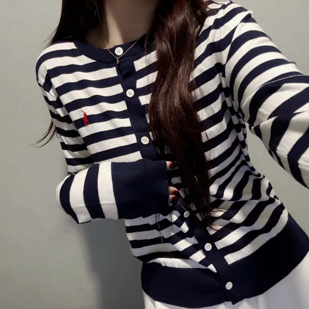 폴로 랄프로렌 네이비 화이트 스트라이프 코튼 가디건(qr) 