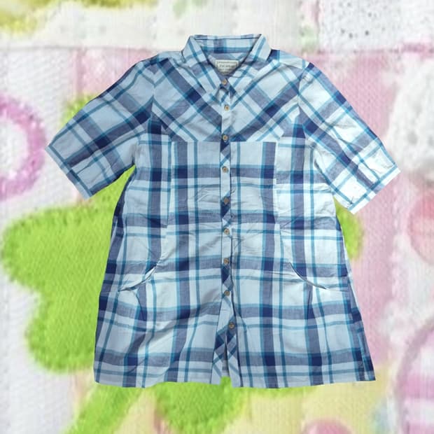 빈티지 모리걸 우드단추 블루 체크 반팔 셔츠 블라우스