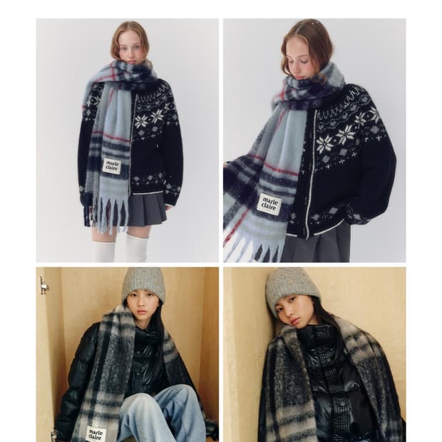 마리끌레르 배색체크 브러쉬 니트 머플러 블랙 (미개봉)