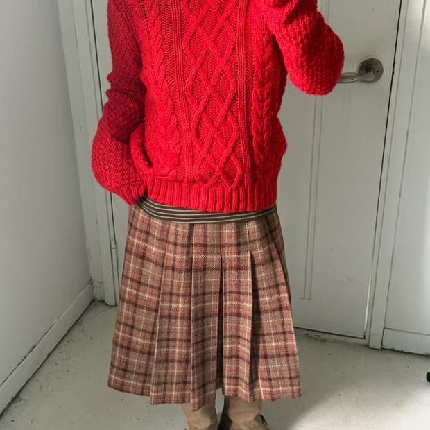 일본빈티지 울 체크 플리츠 미디스커트